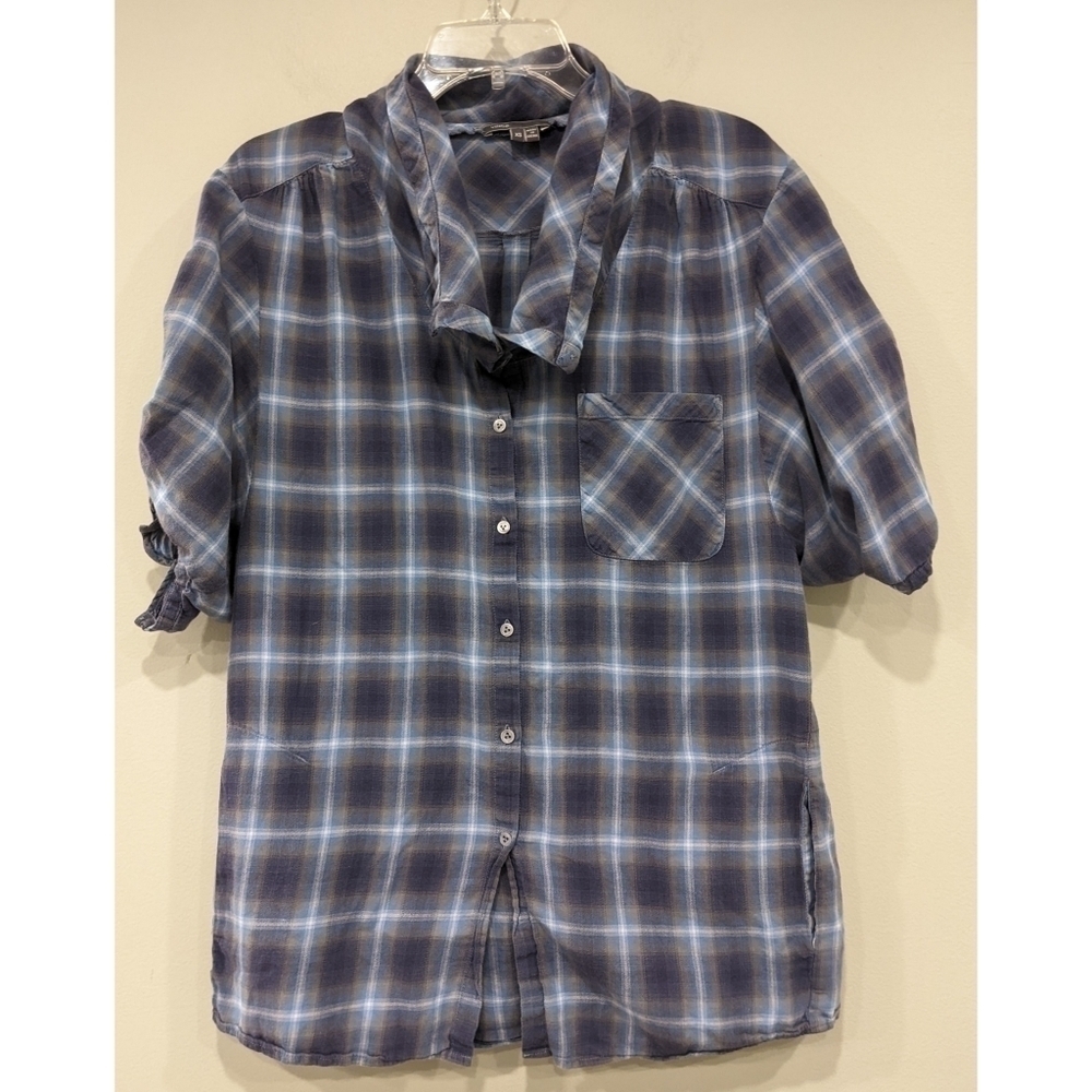 Vince Roll Tab Sleeve Plaid Cotton Cowl Neck Pocket Tunic Top XS